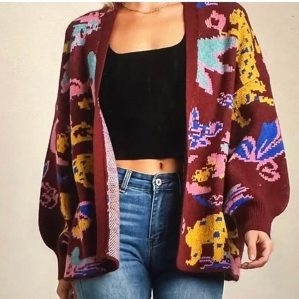 UMGEE Zelda Open Front Cardigan Cheetah Jungle Print Maroon Sweater - M/L - NWT